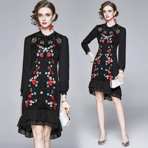 ZUOMAN Autumn Luxury Embroidery Lace Dress Festa High Quality Elegant Party Robe Femme Vintage Designer Trumpet Vestidos