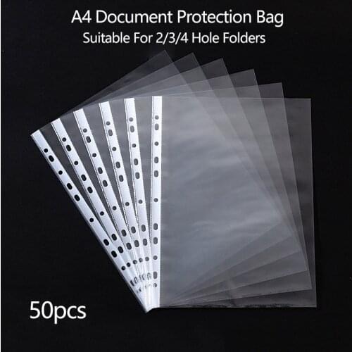 50pcs A4 Loose Leaf Document Sheet Protectors 11 Hole Plastic Folder Bag Punched Folder Filing Transparent Folder Bag 2/3/4 Hole
