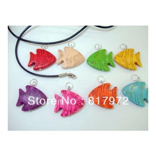 8pc glamour fish colourful stone stone pendant dangle chain necklace hide rope