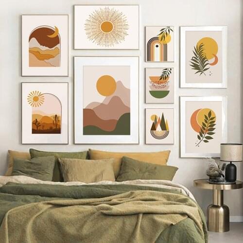 Abstract Mountain Sun Moon Leaf Geometric Wall Art Canvas Painting Nordic Posters And Prints Wall Pictures For Living Room Decor