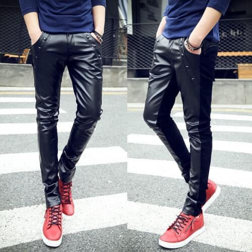 Fashion Leather Pants Mens Spring and Autumn Man Slim Fit Skinny Trendy Tight Male Riding PU Leather Motorcycle Pants Black