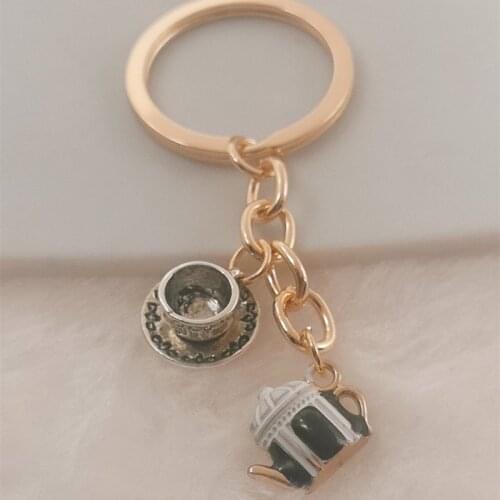 Handmade enamel teapot and cup pendant keychain looking for tea time women gift key ring jewelry wholesale