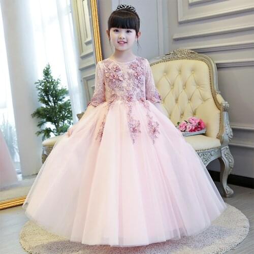 Glizt Half Sleeve Girls Flower Girl Wedding Dress Appliques Party Tulle Princess Birthday Dress First Communion Gown for Girls