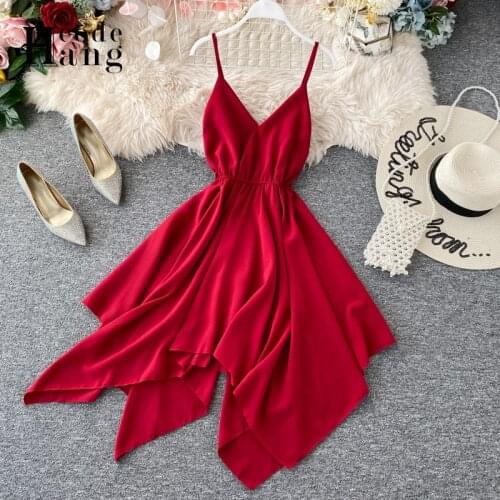 HangCode Beach Vacation Summer Dress 2021 New Sexy V Neck Backless Irregular Boho Dress Solid Adjustable Spaghetti Straps Dress