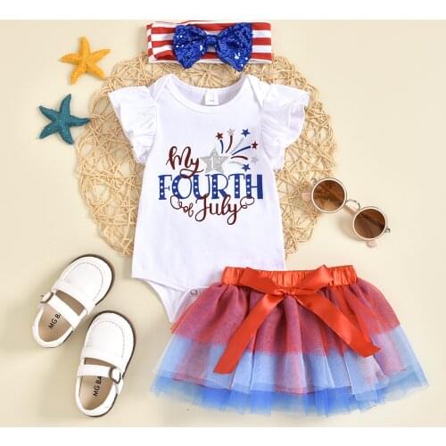 2021-05-17 Lioraitiin 3Pcs Set 0-18M Baby Girl Independence Day Outfit Star/Flag Print Ruffled-Sleeve Romper Skirt Headband