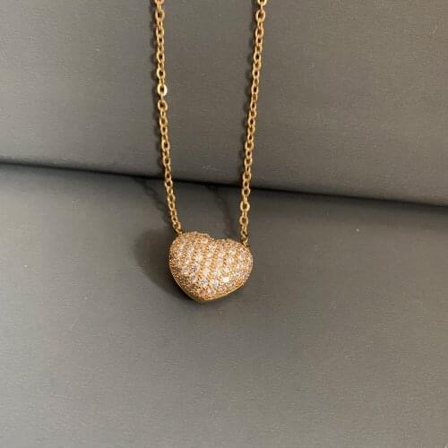 Cute Gold Color Micro Pave CZ Hollow Heart Shape Pendant Necklace for Women Men Trendy Steel Chain Choker Collar Charm Necklace