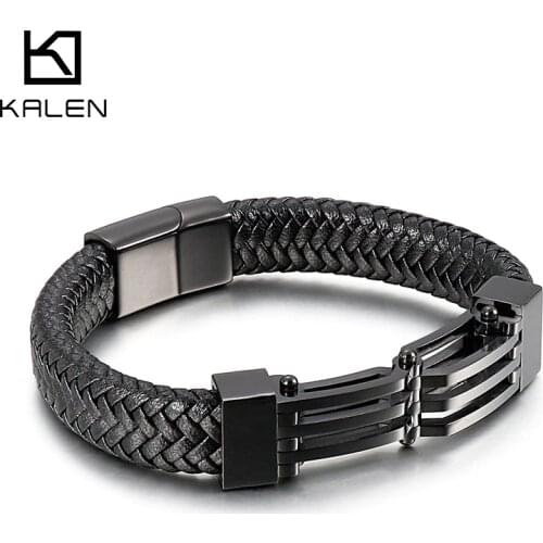 Kalen Strong Leather Mens Bracelet Stainless Steel Regular Geometric Pattern Bracelet Jewelry