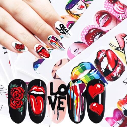 1pcs Sexy Red Lips Stickers For Nails Adhesive Sliders Cool Lady Stickers For Manicure Cartoon Rose DIY Decor Tip LESTZ756-763-1