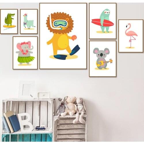 Wall Art Canvas Painting surf Lion Elephant Alpaca Crocodile Koala Nordic Posters And Prints Wall Pictures Baby Kids Room Decor
