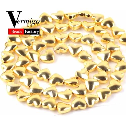 Natural Gold Love Heart Hematite Stone Charm Loose Beads For Beadwork Jewelry Making 6 8mm Diy Bracelet Accessories 15" Perles