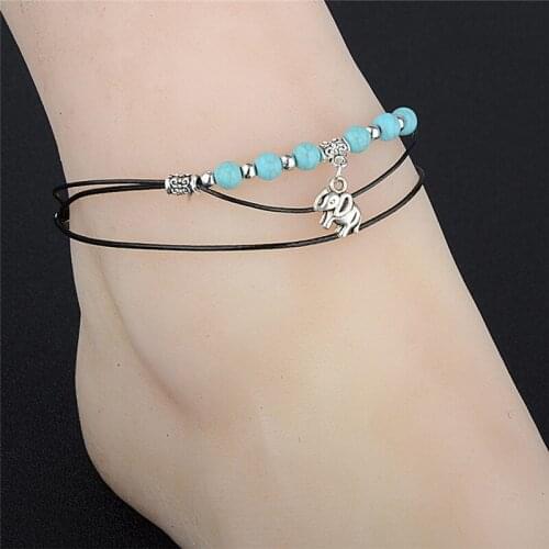 New Fashion Beach Jewelry Elephant Pendant Beads Anklet Foot Leather Chain Ankle Bracelet Jewelry For Women
