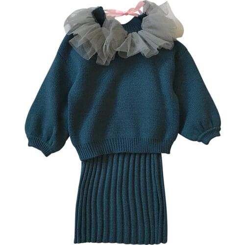 Girls Flowers O-neck Solid Color Sweatershirts+Top Dresses 2PCS Clothing Sets Korean Style Casual Clothing Sets