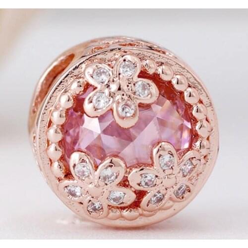 Original Sparkling Pink Daisy Flower Meadow With Crystal Bead Fit 925 Sterling Silver Bead Charm Bracelet DIY Jewelry