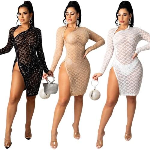 Zoctuo Long Sleeve Casual Dress Fashion Side Zipper Slit Cocktail Dresses Elegant Solid Mesh Diamonds Party Dress Spring Autumn