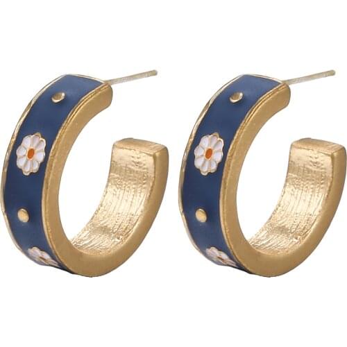 Blue Flower Enamel Round Glaze Stud Earrings For Women Fashion Bohemian Boucle d'oreille Brincos Flowers Earring Jewelry