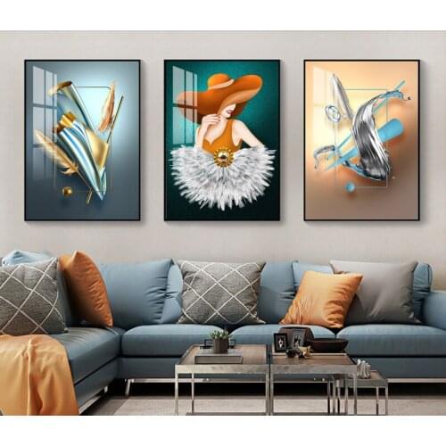 Modern Light Luxury Canvas Decorative Painting Female Character Abstract Vertical Geometric Living Room Wall Picture Blue Poster