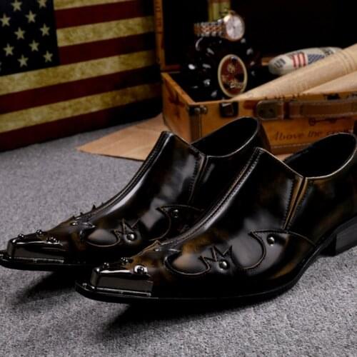 Christia Bella New Plus Size Metal Pointed Toe Men Oxfords Shoes British Style Male Business Formal Genuine Leather Carve Shoes