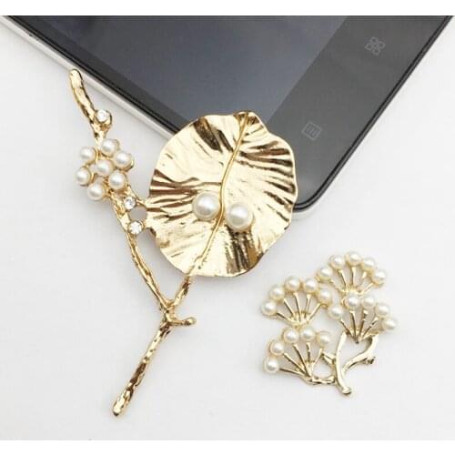 50pcs Pearl Jewelry Lotus Leaf Branch Brooch Decor Strass Charms Buckle Button Wedding Brides Hair Clips Invitation Accessories