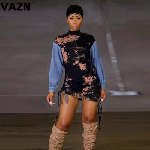 VAZN New 2020 Party Night Shinny O-neck Bandage Bodycon Dress Full Sleeve Sheath Dresses For Evening Robe Gowns Mini Dress