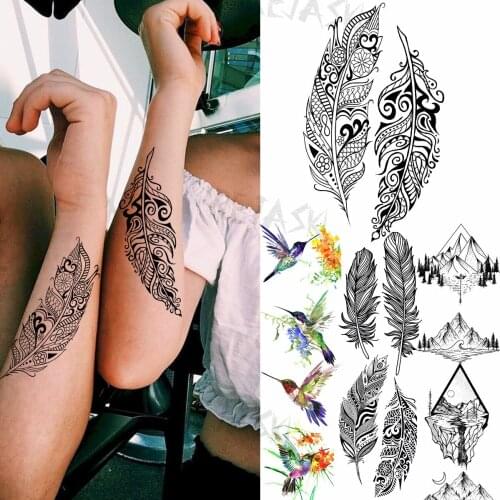 Henna Feather Temporary Tattoos For Women Adult Hummingbird Geometric Mountain Sea Forest Fake Tattoo Body Art Washable Tatoos