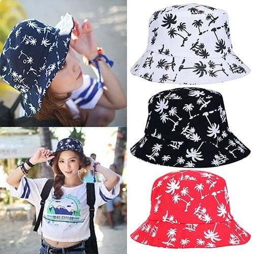 Newest New Arrival Womens Coconut Tree Print Bucket Hat Cap Summer Travel Sun Screen Hats