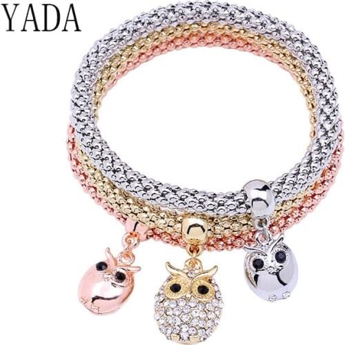 YADA Gifts 3Pcs crystal Owl Crown Bracelets&Bangles Charm For Women Rhinestone Bracelet Casual Jewelry alloy Bracelet BT200115