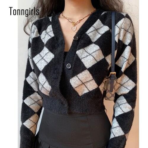 Tonngirls Preppy Style Cardigan Women Long Sleeve Knitted Cardigan Argyle Cashmere Cardigan Streetwear Black Sweater Winter 2021