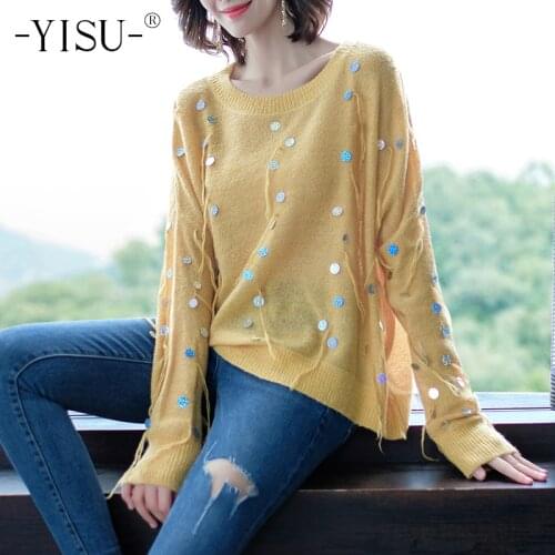 YISU Women Mohair Sweater Knitwear tassel Sequin design O-Neck Long Sleeve Jumpers Knitted Pullover Sweater Women Tops