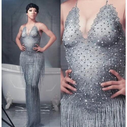 Female Birthday Party Gray Tassels Crystals Long Dress Sexy Nightclub Singer Stage Wear Evening Performance Host Costume Dresses