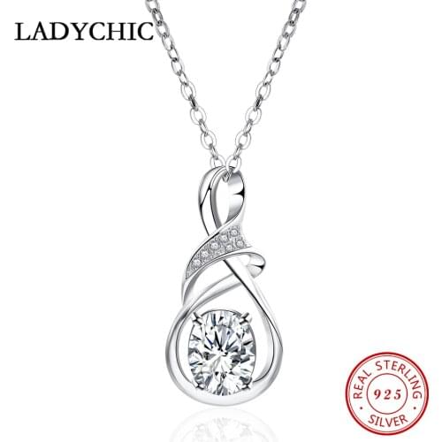 LADYCHIC Hot Sale 100% 925 Sterling Silver Oval Clear CZ Exquisite Twisted Pendant Necklace Women Luxury Silver Jewelry LNS1010