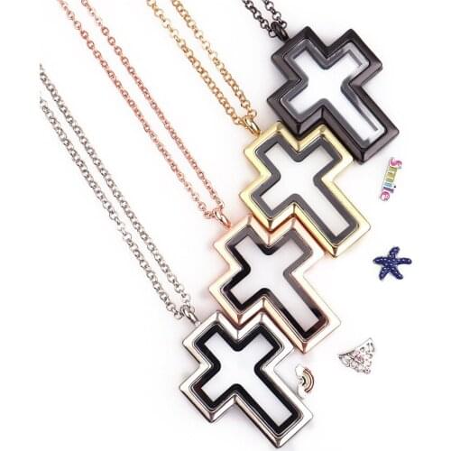 1pc Good Quality Cross Glass Locket Magnetic Open Pendant Necklace