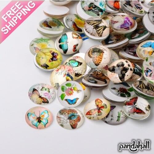 Butterfly Printed Glass Half Round/Dome Cabochons, Mixed Color, 20x6mm