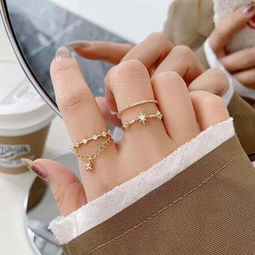 14K Gold Star Rings, Star Ring Sets, Stackable Stars Rings, CZ Stars Dangle Rings, Dainty Stackable Ring, Adjustable Open Ring