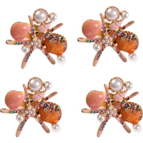 4Pcs Starfish Napkin Rings,Pearl Rhinestone Ocean Coastal Nautical Napkin Ring Holders Napkin Buckle for Party