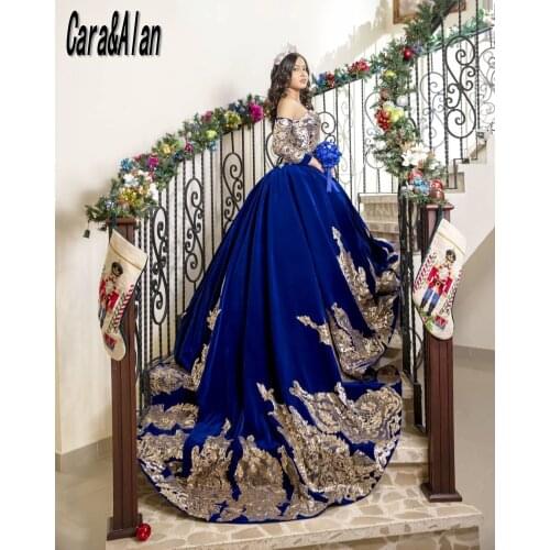 Velvet Blue Quinceanera Dresses Lace Applique Sweet 16 Dress Long Sleeves vestidos de 15 Ball Gown Prom Gowns