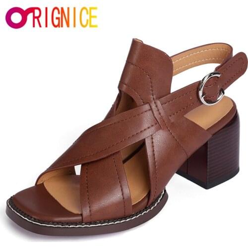 Orignice Concise Genuine Leather Fashion Female Classic Design Thick High Heels Sandals 2021 New Outdoor Casual Slingback Shoes