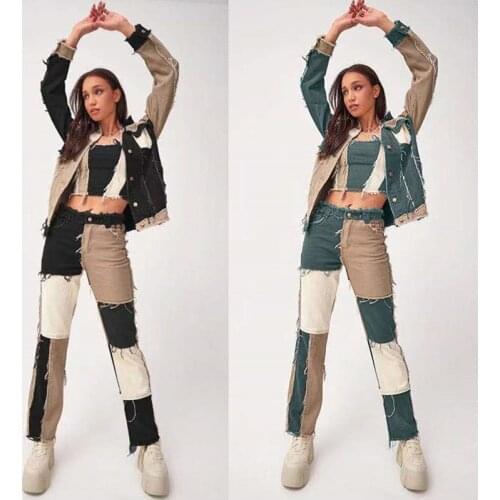 Patchwork Pants Females Hot Denim Pants Y2k Plaid Fashion Straight Chic Capri Pants Streetwear Harajuku Korean Pants For Women