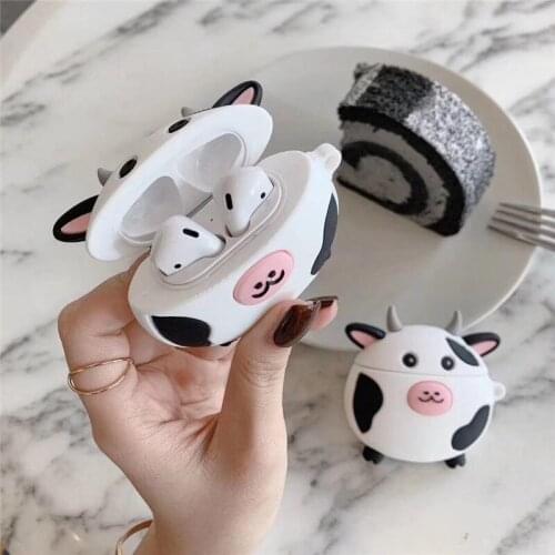 For airpods case 3d cute cartoon milk cow cover for apple airpods1 2 wireless bluetooth headset charging box with hook keyring