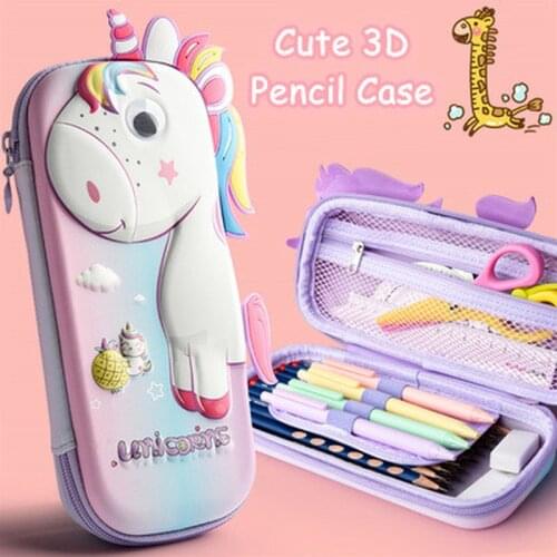 3D Pencil Case Lovely Pink Unicorn Cartoon Pen Bag for School Girls Boys Kawaii Stationery Gift Pouch Eraser Holder Storage Box