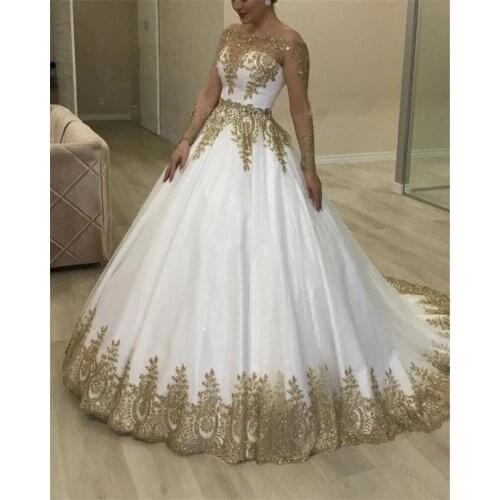 Elegant Gold Applique Ball Gown Princess Wedding Dresses With Long Sleeves Illusion White Muslim Sheer Arabic Bridal Gown