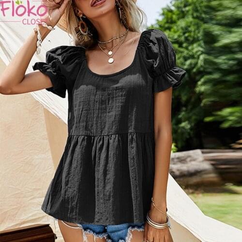 Flokocloset Summer Round Neck Puff Sleeve Cotton Linen T-shirts Casual Solid Short Sleeve Women Kawaii Tops Tees