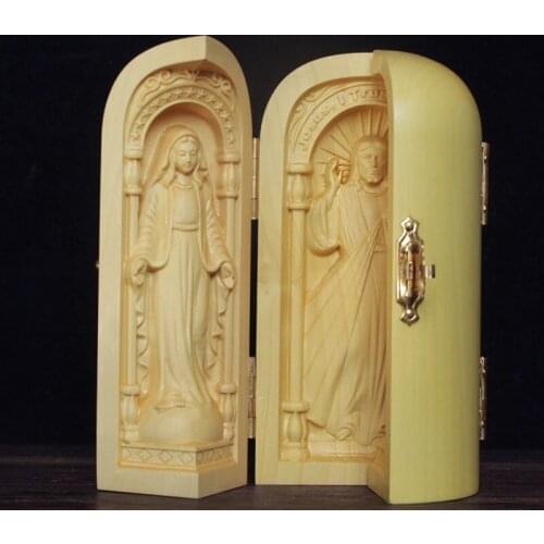 Catholic relics three open boxes crafts ornaments Jesus Madonna Joseph Christian gifts boxwood carving ornaments