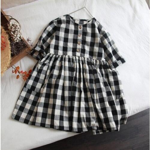 2021 Korea style girls plaid dress fashion cotton linen spring girls dresses