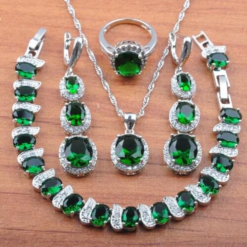 Dubai Jewelry Set Green Cubic Zirconia Silver Color Wedding For Women Bracelet Earrings Necklace Pendant Rings JS0120