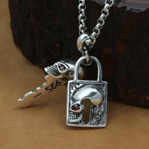 Handcrafted 925 Silver Skull Key Lock Pendant vintage thai silver skeleton Lock pendant pure silver PUNK Pendant