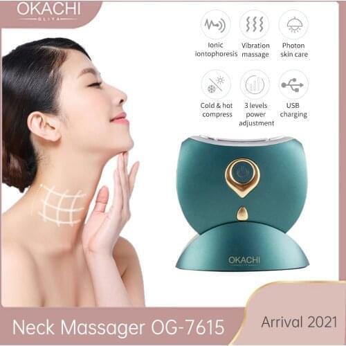 Neck Massager OKACHI GLIYA 2021 Arrival Facial Massage Skin Firming Wrinkle Removing Vibration Cold Hot Compress LED EMS Therapy
