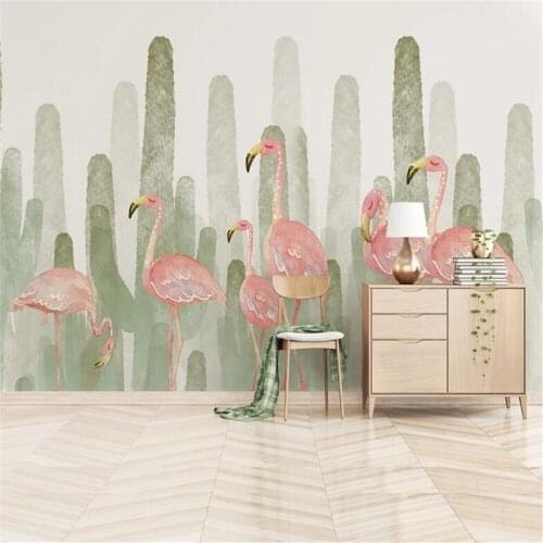 Milofi custom modern minimalist large mural hand-painted flamingo plant cactus wallpaper background wall
