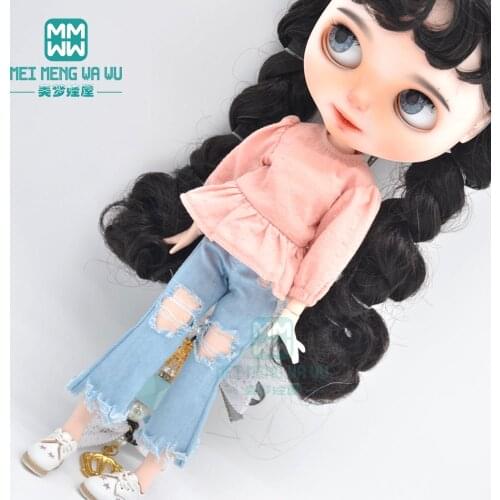 1pcs Blyth Doll Clothes Lantern sleeve shirt, plaid shirt, jeans for Azone doll accessories
