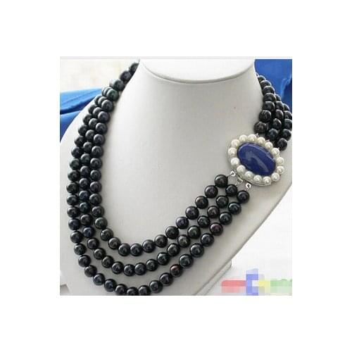 3row 8-9mm black ROUND FRESHWATER CULTURED PEARL NECKLACE