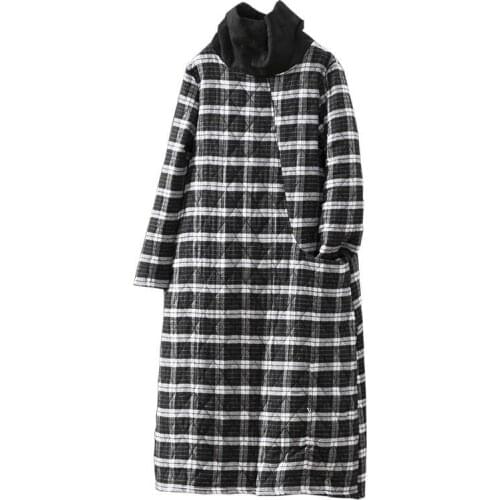Autumn Winter Dress Women Mid-Long Loose Large Size Stitching Dresses Female Leisure Thicken High Neck Long Sleeves Plaid Skirt